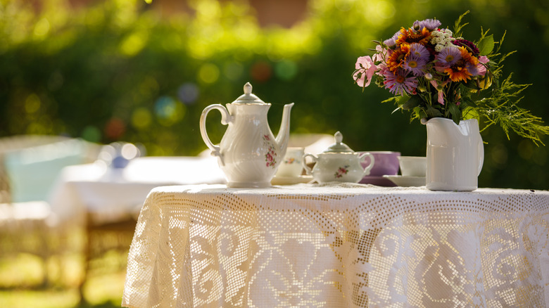 lace tablecloth on outdoor table
